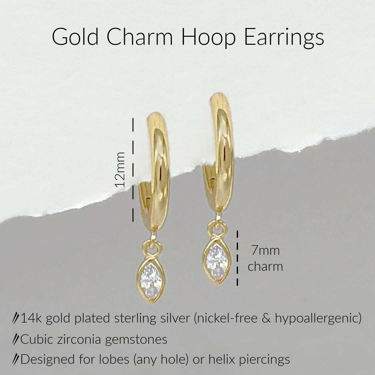 Specs for Gold Charm Hoop Earrings. Marquise cut cubic zirconia charm dangle on 12mm hinged huggie. 14k gold plated sterling silver