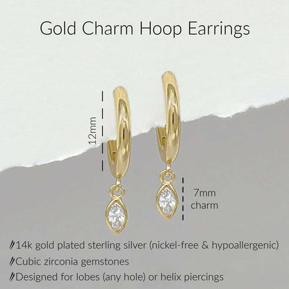 Specs for Gold Charm Hoop Earrings. Marquise cut cubic zirconia charm dangle on 12mm hinged huggie. 14k gold plated sterling silver