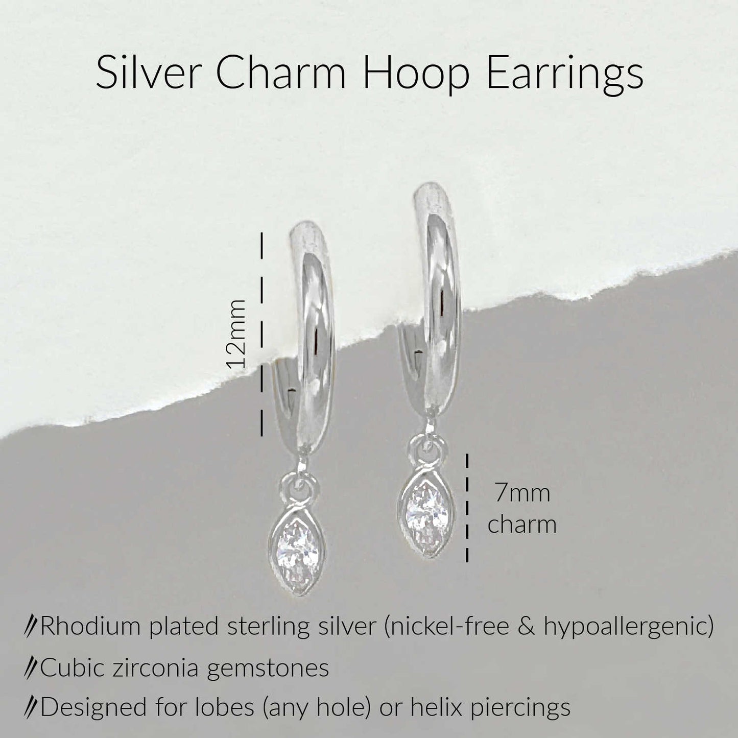 Specs for Silver Charm Hoop Earrings. Marquise cut cubic zirconia charm dangle on 12mm hinged huggie. 925 sterling silver