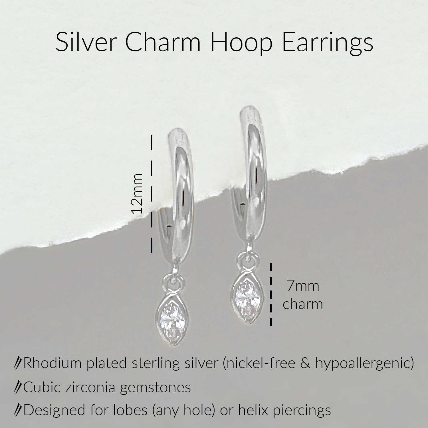 Specs for Silver Charm Hoop Earrings. Marquise cut cubic zirconia charm dangle on 12mm hinged huggie. 925 sterling silver