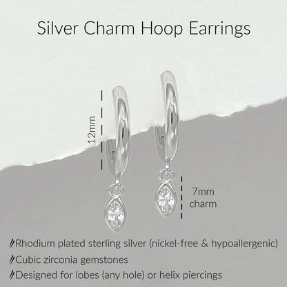 Specs for Silver Charm Hoop Earrings. Marquise cut cubic zirconia charm dangle on 12mm hinged huggie. 925 sterling silver