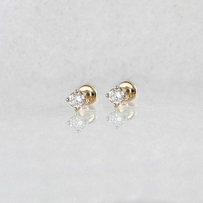 Pair of Small Flat Back Lab Grown Diamond Earrings , 14k Gold Cartilage Stud for Helix, Tragus, Conch or Lobe Piercing