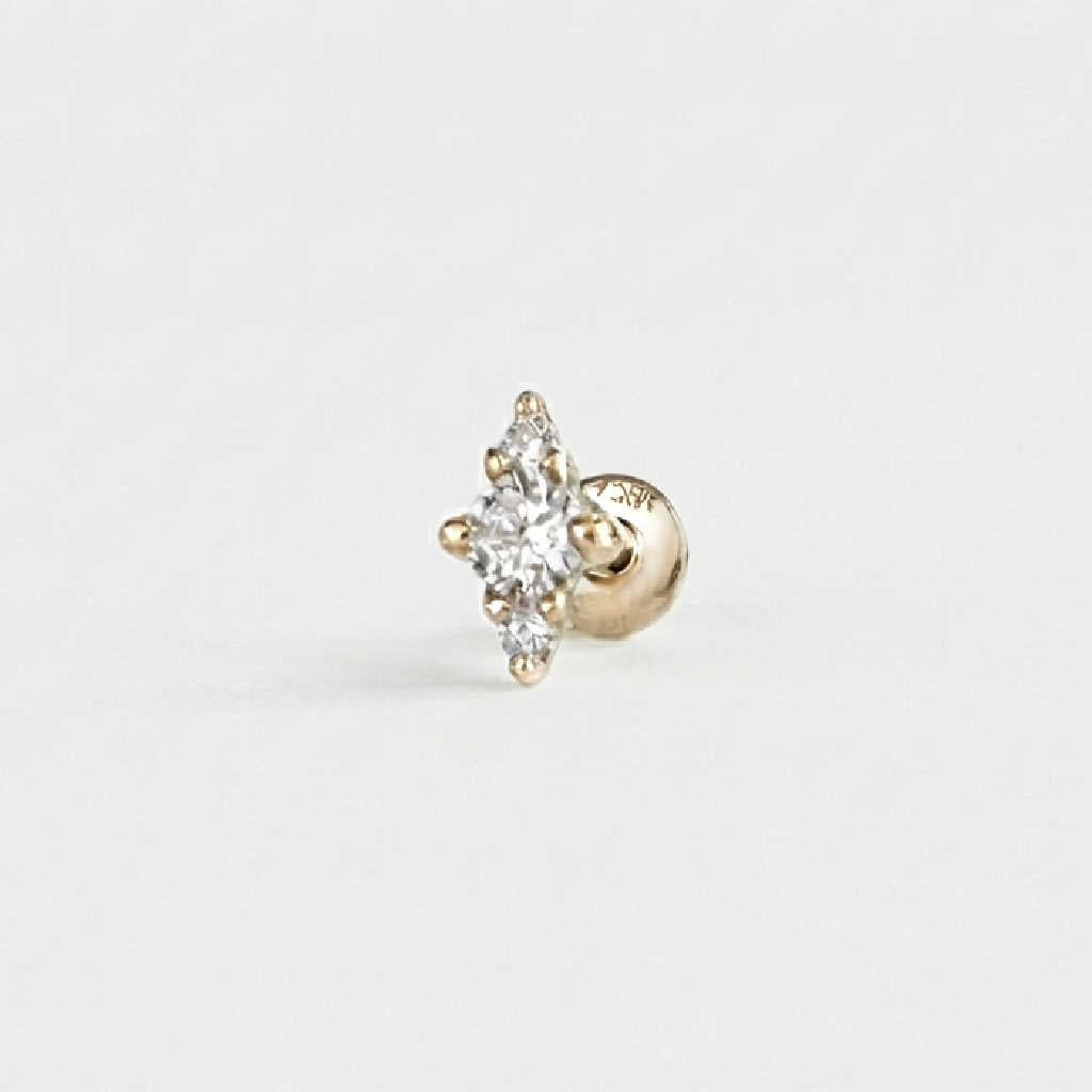 Lab Diamond 3-Stone Earring, 14k Yellow Gold Flat Back Stud, Cartilage Piercing for Helix, Tragus, Conch or Lobe