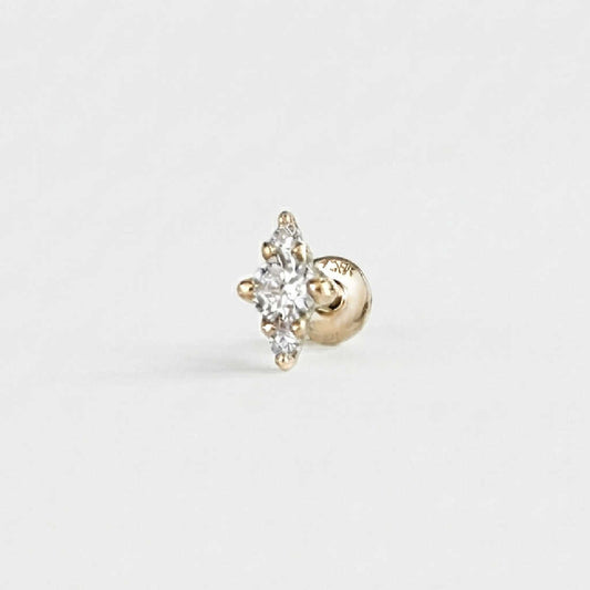 Lab Diamond 3-Stone Earring, 14k Yellow Gold Flat Back Stud, Cartilage Piercing for Helix, Tragus, Conch or Lobe