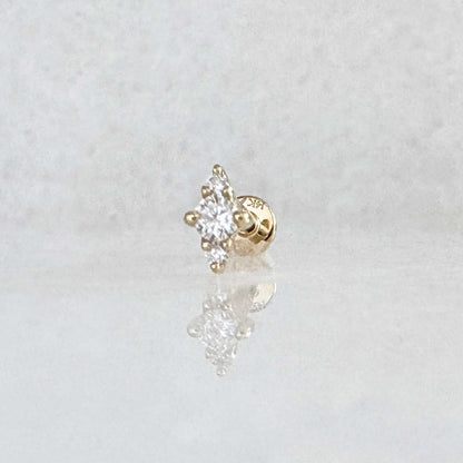 Lab Diamond Earring, 14k Yellow Gold 3-Stone Flat Back Cartilage Piercing Stud for Helix, Conch or Lobe