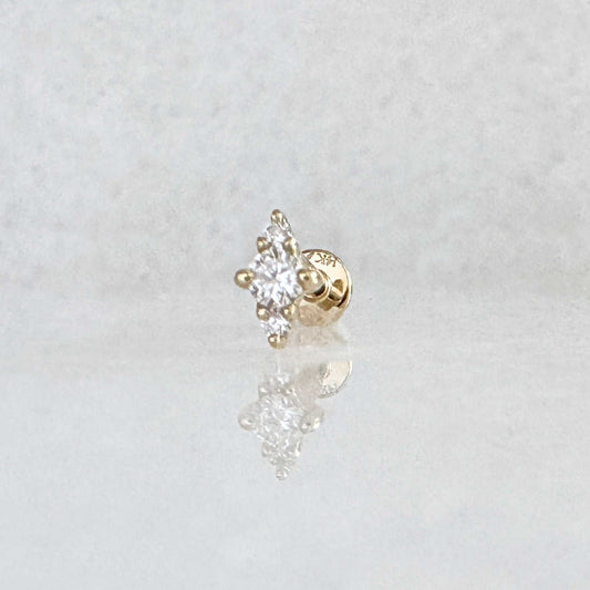 Lab Diamond Earring, 14k Yellow Gold 3-Stone Flat Back Cartilage Piercing Stud for Helix, Conch or Lobe