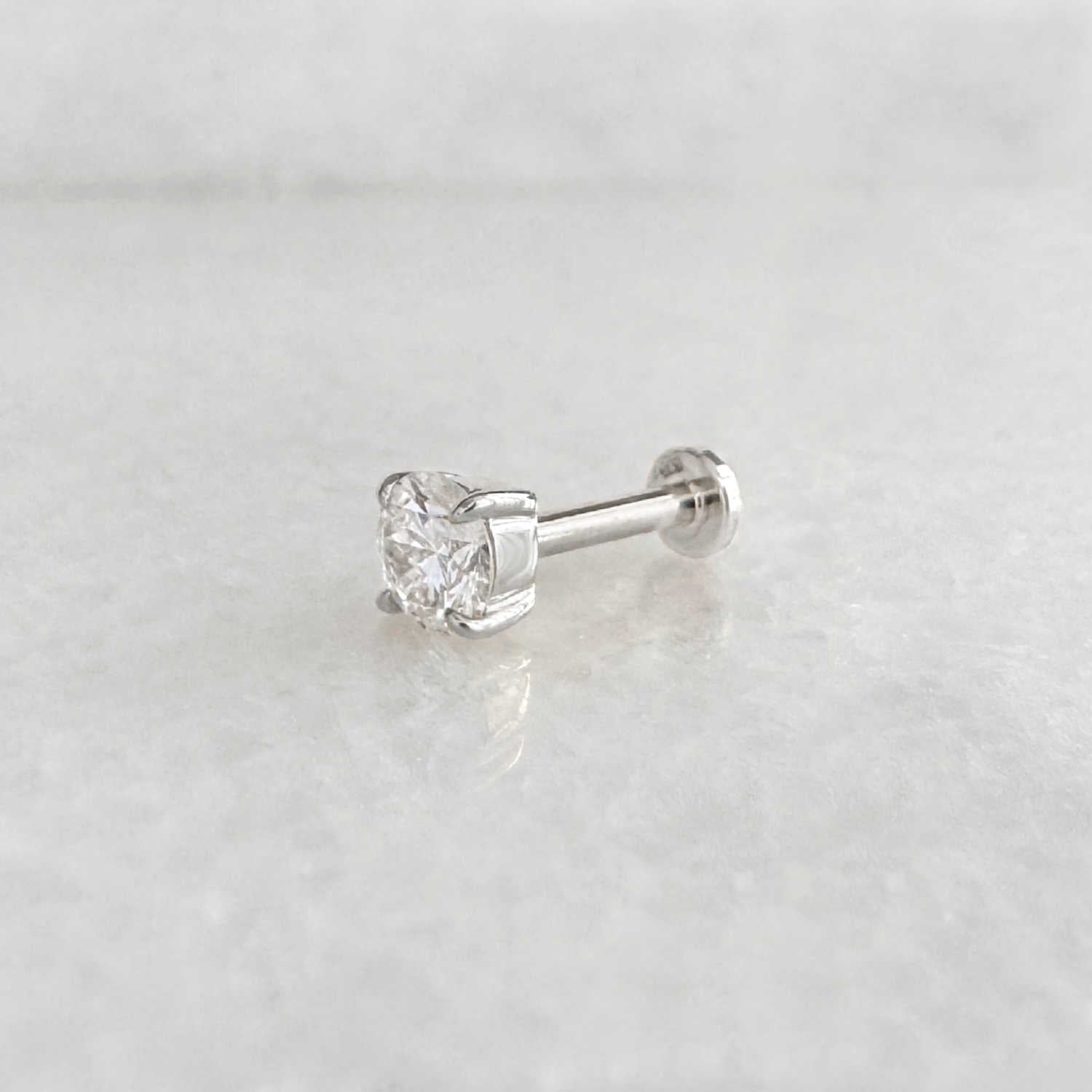 14k White Gold Stud for Helix, Tragus or Conch Piercing, Side View of Flat Back Lab Grown Diamond Cartilage Earring