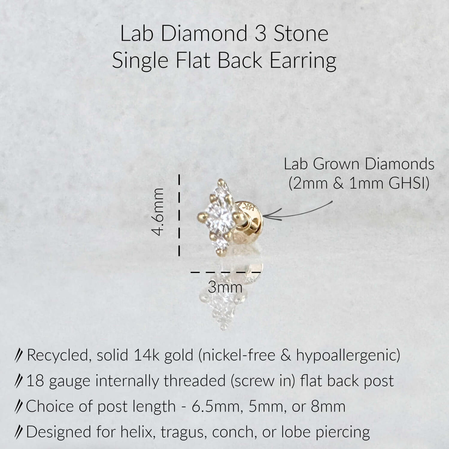 Specs for 3-Stone Lab Diamond Flat Back Stud: GHSI Quality, Solid 14k Yellow Gold, 18 Gauge Internally Threaded Labret