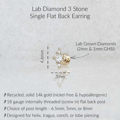 Specs for 3-Stone Lab Diamond Flat Back Stud: GHSI Quality, Solid 14k Yellow Gold, 18 Gauge Internally Threaded Labret