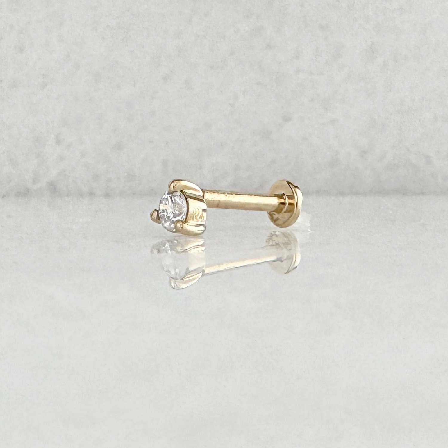 14k Gold Stud for Helix, Tragus or Conch Piercing, Side View of Flat Back Lab Grown Diamond Cartilage Earring