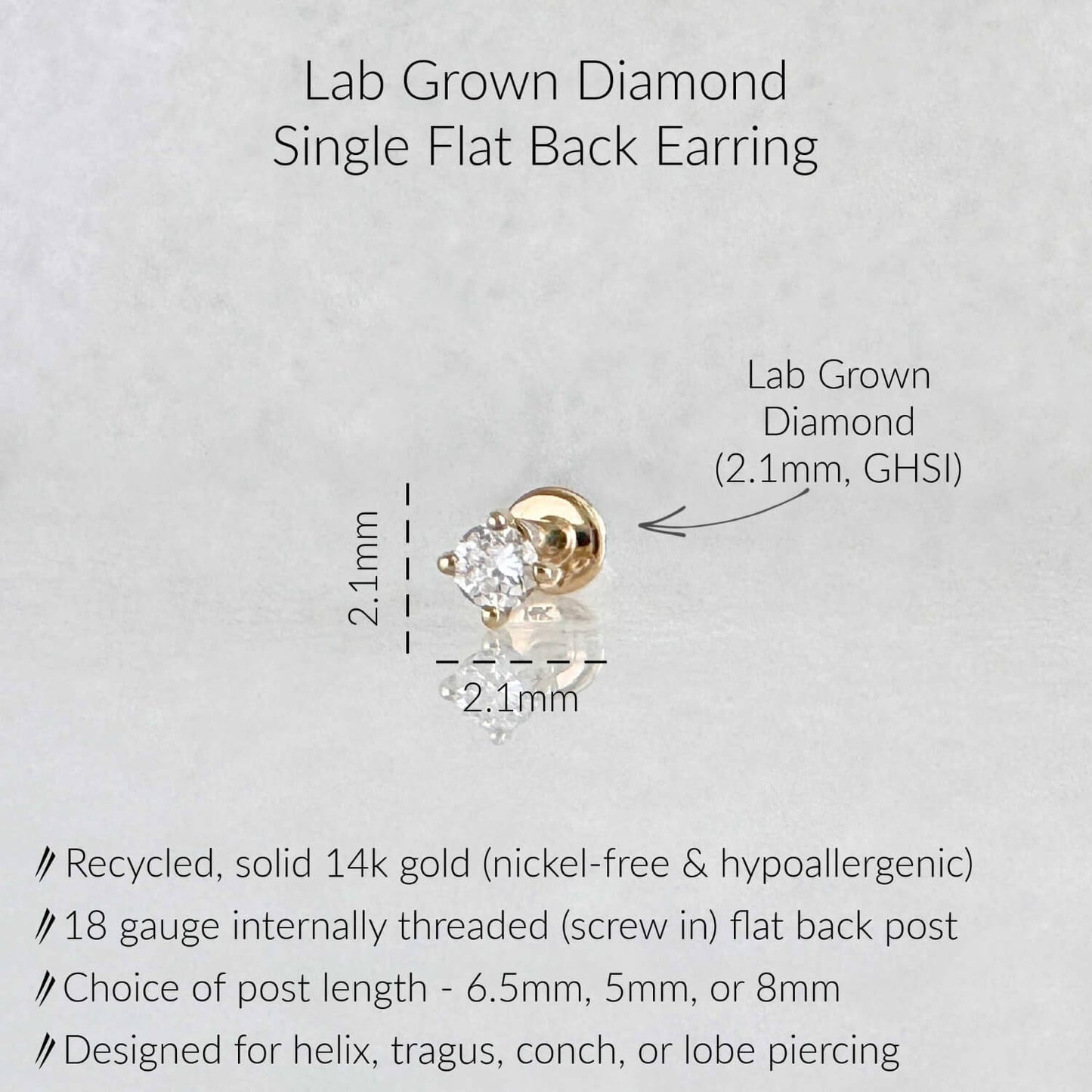 Specs for lab diamond cartilage stud earring: 14k gold, 18 gauge labret, 2.1mm GHSI quality diamond