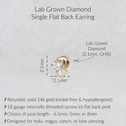 Specs for lab diamond cartilage stud earring: 14k gold, 18 gauge labret, 2.1mm GHSI quality diamond