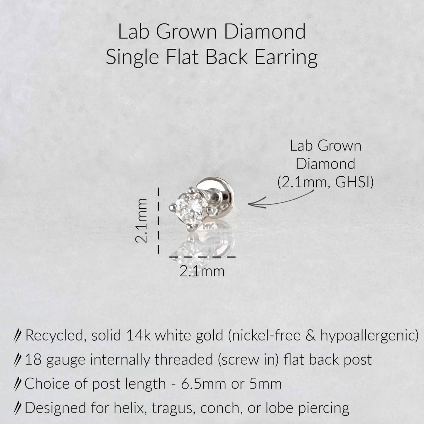 Specs for lab diamond cartilage stud earring: 14k white gold, 18 gauge labret, 2.1mm GHSI quality diamond
