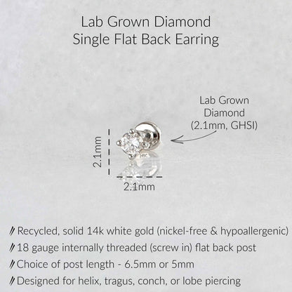 Specs for lab diamond cartilage stud earring: 14k white gold, 18 gauge labret, 2.1mm GHSI quality diamond