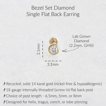 Specs for Lab Grown Diamond Flat Back Earrings. Dimensions are 3.1mm x 3.1mm, GH-SI quality lab grown diamond on 18 gauge internally threaded flat back post