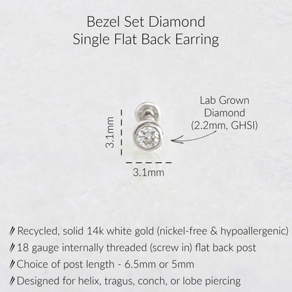 Specs for Large Lab Grown Diamond Flat Back Earrings. Dimensions are 3.1mm x 3.1mm, GH-SI quality lab grown diamond on 18 gauge internally threaded flat back post