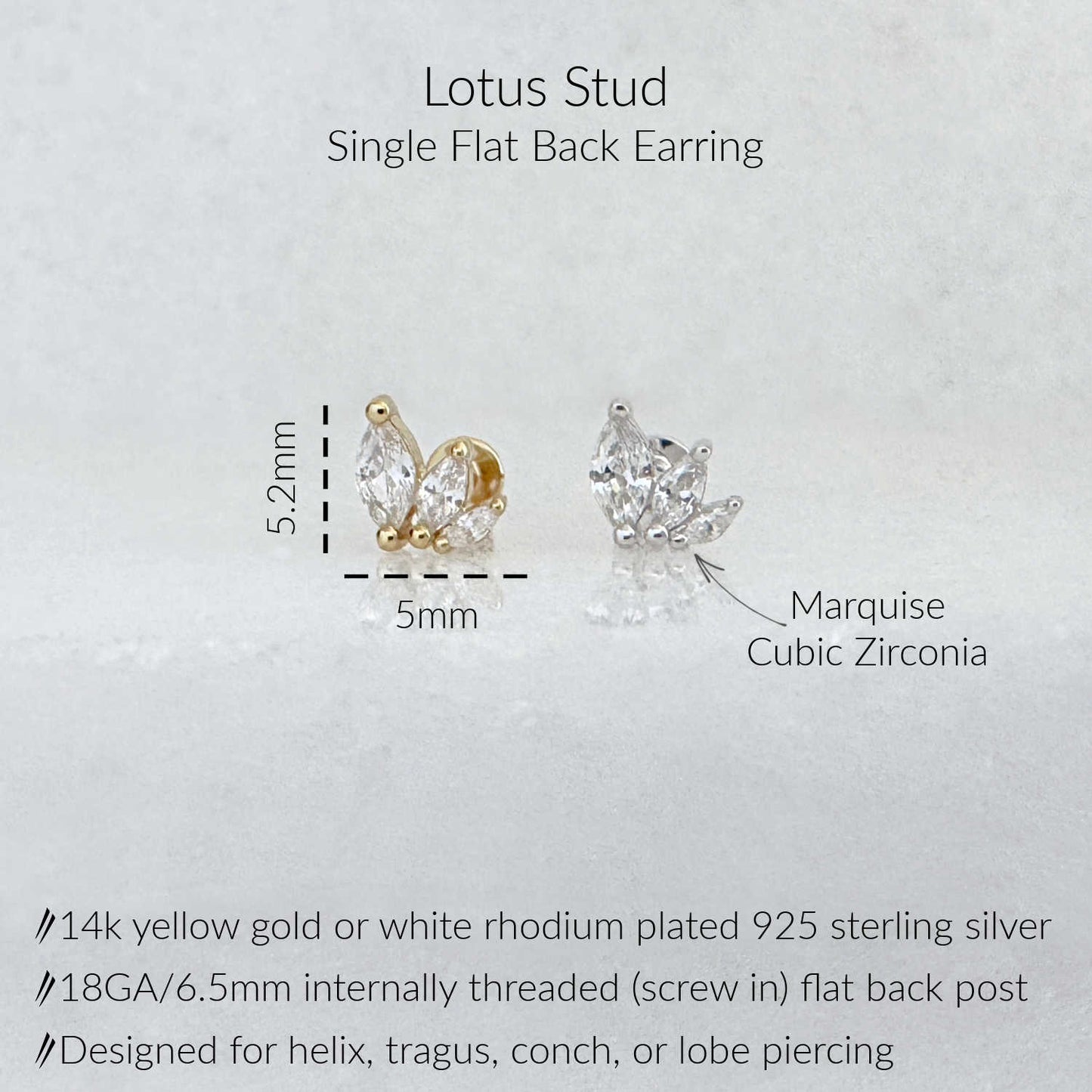 Picture of Lotus Stud single flat back earrings, showing front and back views with dimensions (5.2mm height, 5mm width) and material details for cubic zirconia and gold/silver settings