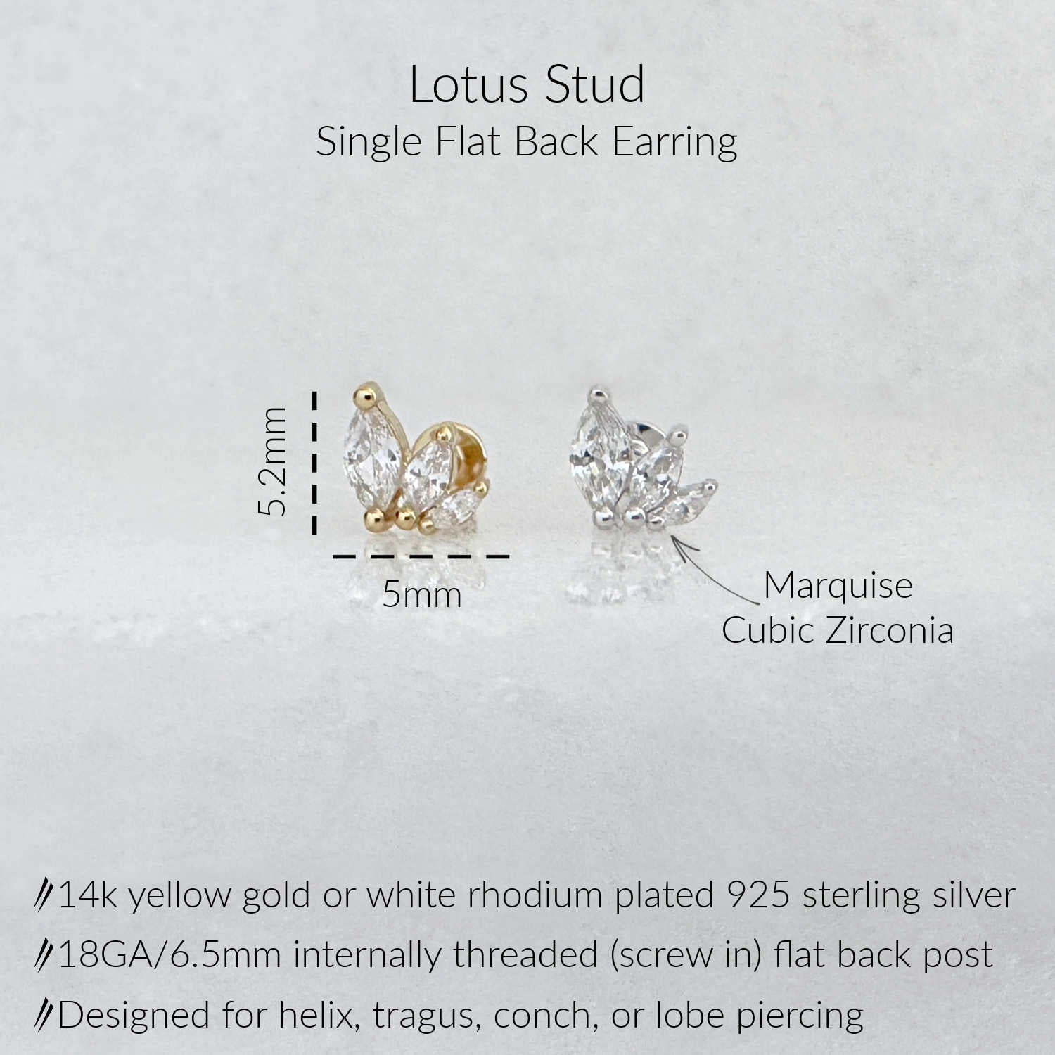 Picture of Lotus Stud single flat back earrings, showing front and back views with dimensions (5.2mm height, 5mm width) and material details for cubic zirconia and gold/silver settings