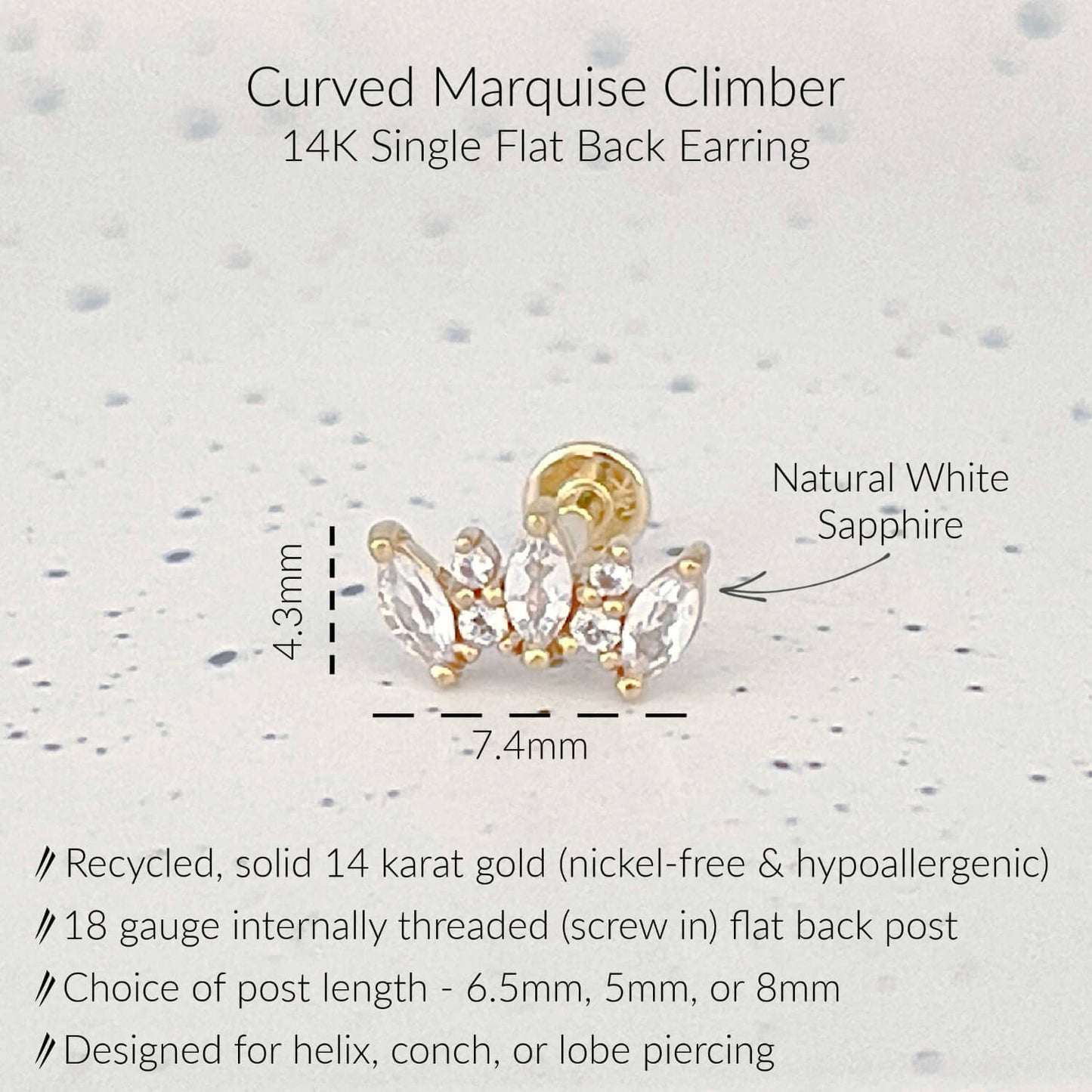 Specs for Marquise Curved Ear Climber Earrings | White Sapphire Flat Back Studs for Helix, Conch, or Lobe | 14k Yellow Gold 18 Gauge Post in 6.5mm, 5mm or 8mm length