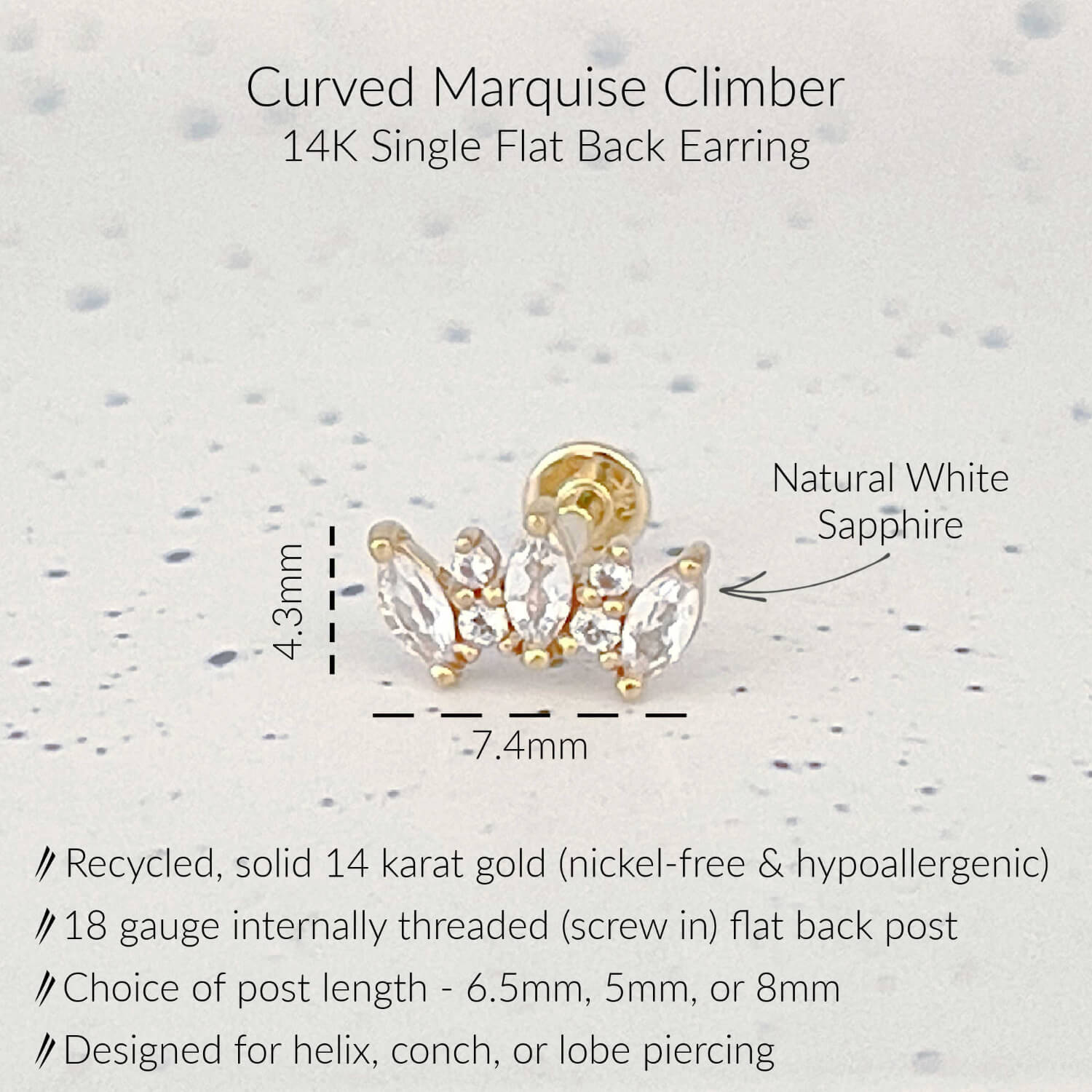 Specs for Marquise Curved Ear Climber Earrings | White Sapphire Flat Back Studs for Helix, Conch, or Lobe | 14k Yellow Gold 18 Gauge Post in 6.5mm, 5mm or 8mm length