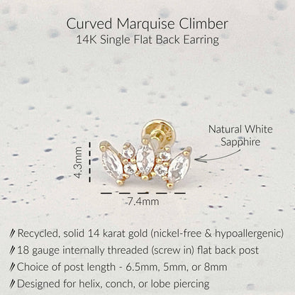 Specs for Marquise Curved Ear Climber Earrings | White Sapphire Flat Back Studs for Helix, Conch, or Lobe | 14k Yellow Gold 18 Gauge Post in 6.5mm, 5mm or 8mm length