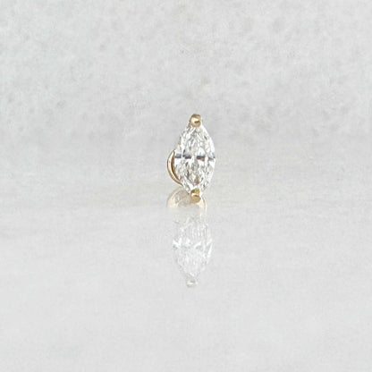 Marquise Cut Lab Diamond Earring, 14k Yellow Gold Flat Back Cartilage Piercing Stud for Helix, Conch or Lobe
