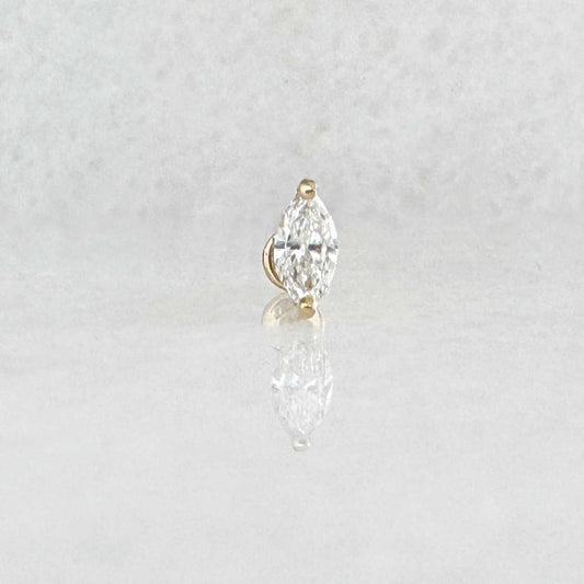 Marquise Cut Lab Diamond Earring, 14k Yellow Gold Flat Back Cartilage Piercing Stud for Helix, Conch or Lobe
