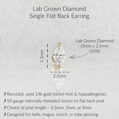 Specs for marquise cut lab diamond flat back earring: 14k solid gold, 18 gauge internally threaded labret, 5mm x 2.5mm GHSI diamond