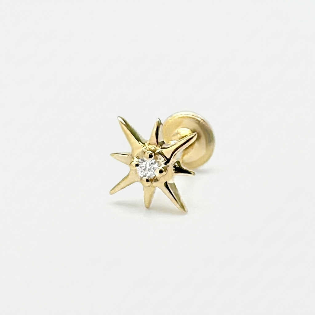 North Star Flat Back Earring, 14k Gold and Diamond Stud, Cartilage Jewelry for Helix, Tragus, Conch or Lobe