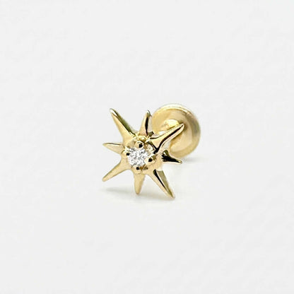 North Star Flat Back Earring, 14k Gold and Diamond Stud, Cartilage Jewelry for Helix, Tragus, Conch or Lobe