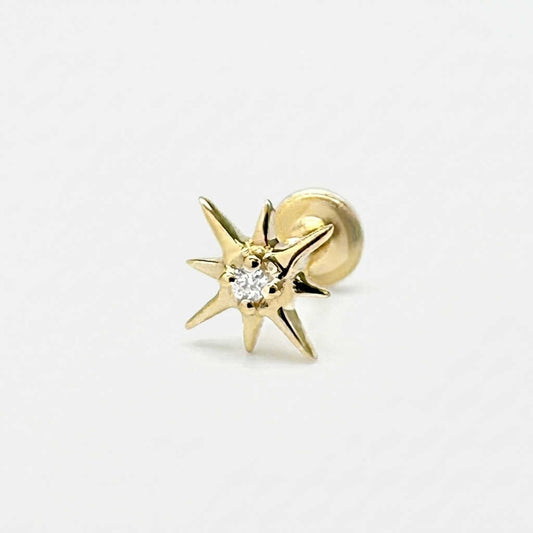 North Star Flat Back Earring, 14k Gold and Diamond Stud, Cartilage Jewelry for Helix, Tragus, Conch or Lobe