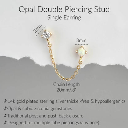 specs for opal double piercing connected stud earring. .8" chain with 3mm studs