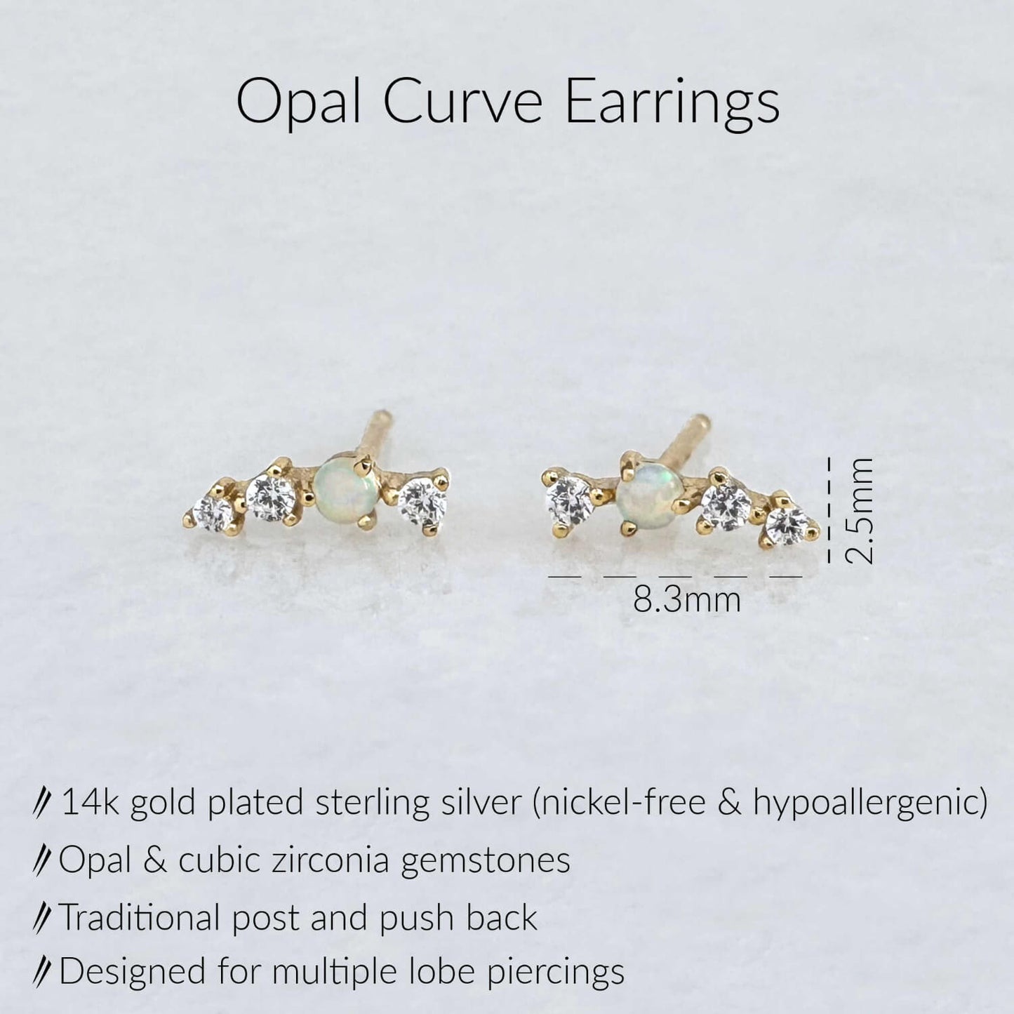 specs for opal and cubic zirconia stud earrings in 14k gold plated sterling silver