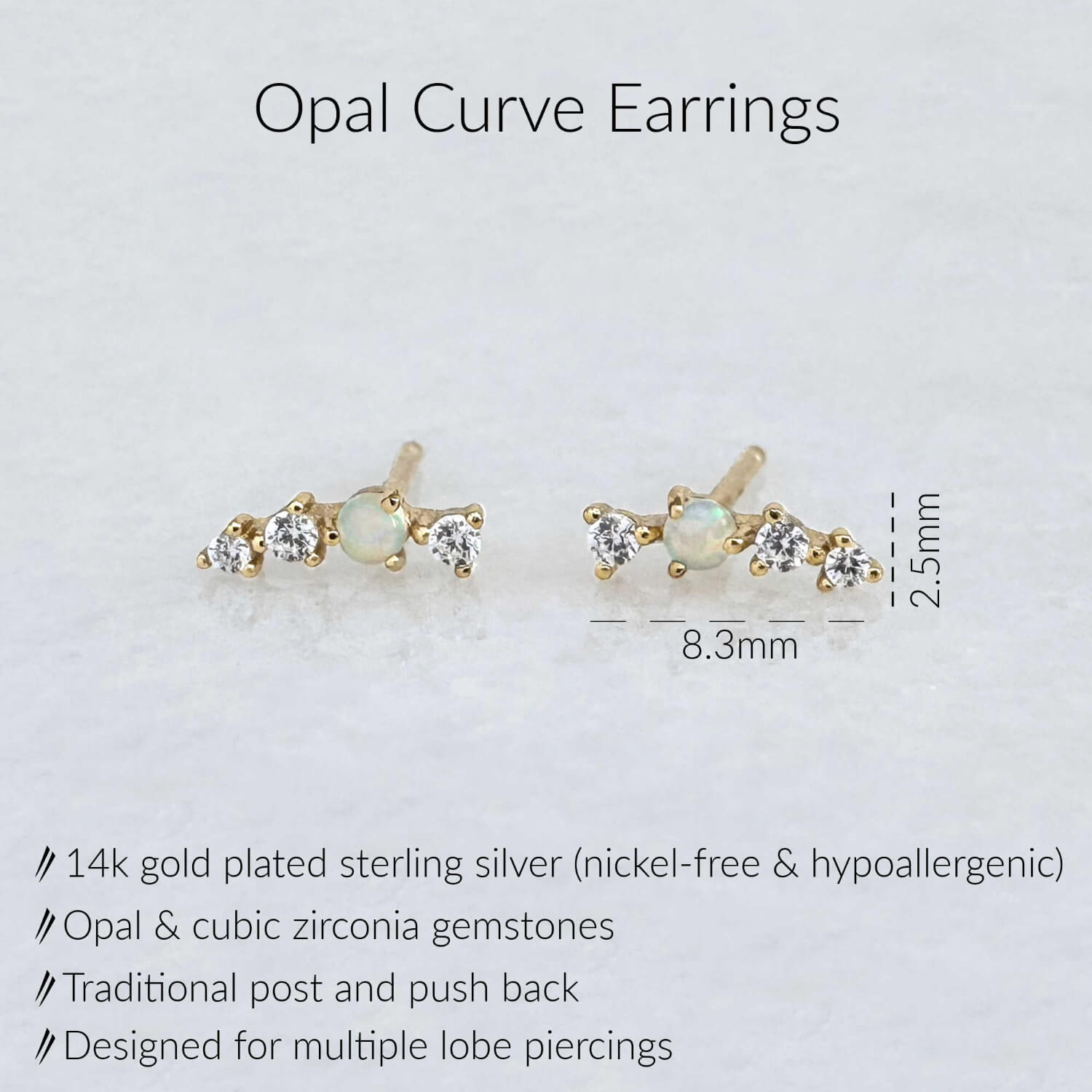 specs for opal and cubic zirconia stud earrings in 14k gold plated sterling silver