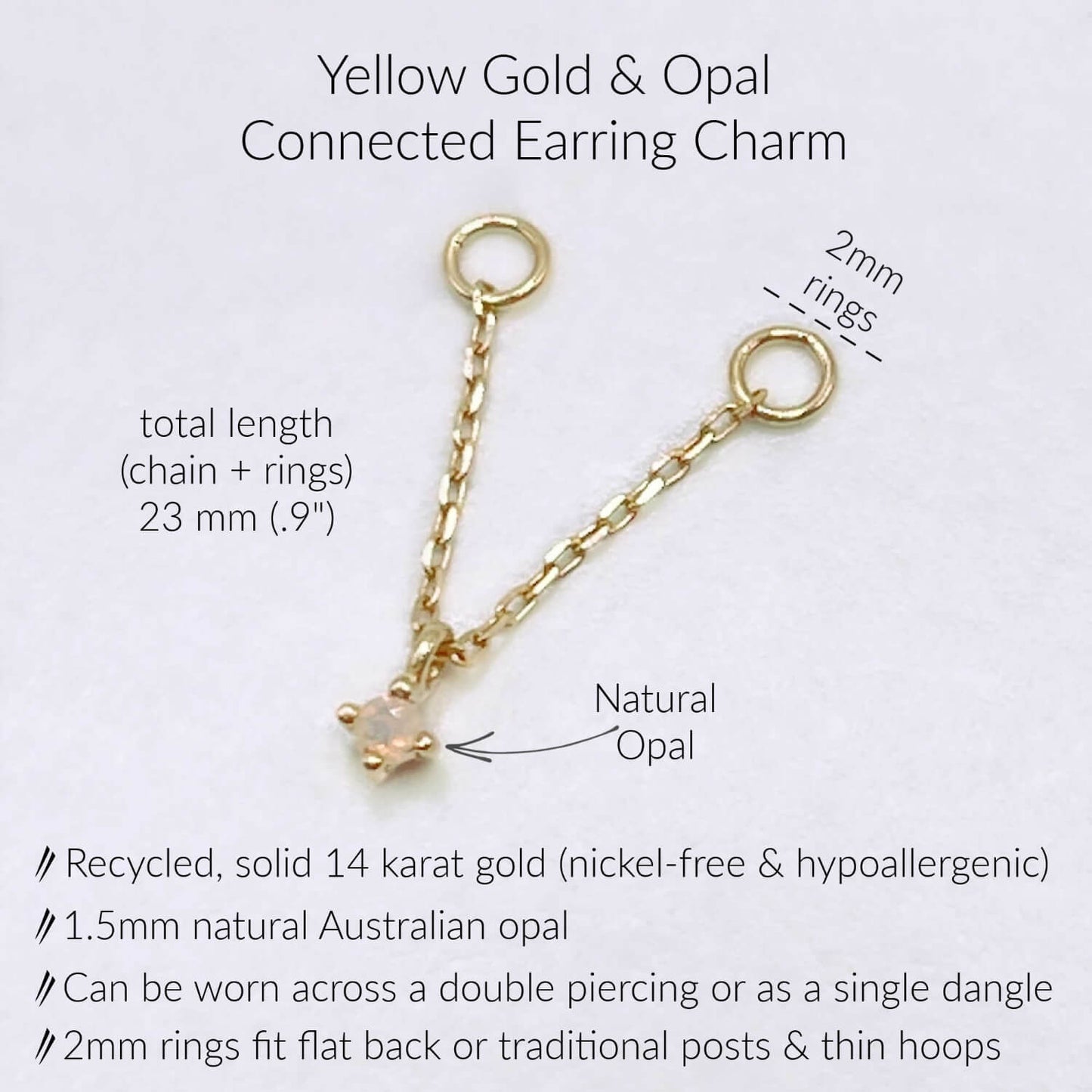 Specs for Pink Sapphire & Gold Chain Earring Charm for Two Hole Piercing, .9" long, 2mm jump rings, solid 14k gold and opal