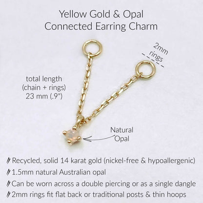 Specs for Pink Sapphire & Gold Chain Earring Charm for Two Hole Piercing, .9" long, 2mm jump rings, solid 14k gold and opal
