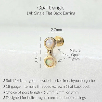 Specs for Opal Dangle Flat Back Earring, Solid 14k Gold, 2mm round natural opals, 6.5mm, 5mm or 8mm flat back 18 gauge post