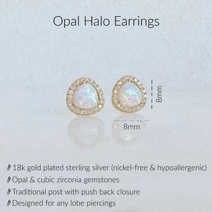 Specs for opal earrings with cubic zirconia halo. 14k gold plated sterling silver studs, 8mm diameter, designed for lobe and second hole piercings