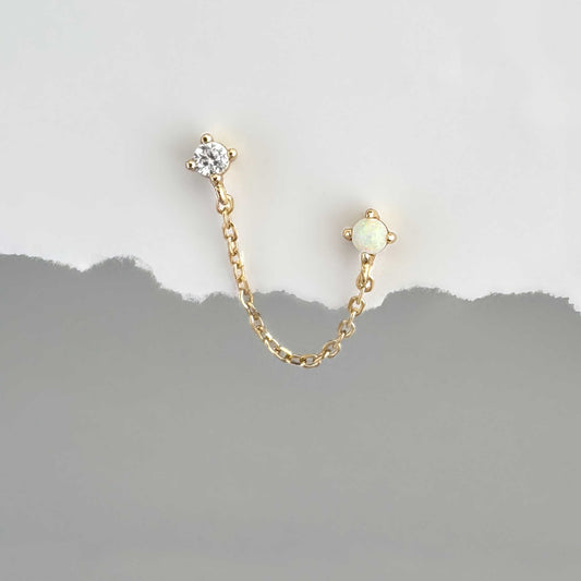 Opal Double Piercing Earring, Chain Connected Studs from Two of Most