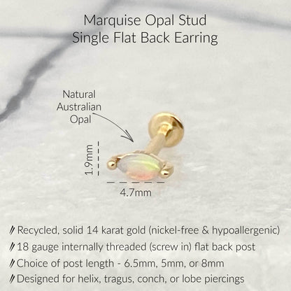 Specs for 14k Gold & Opal Flat Back Cartilage Earring for Helix, Tragus, Conch or Lobe