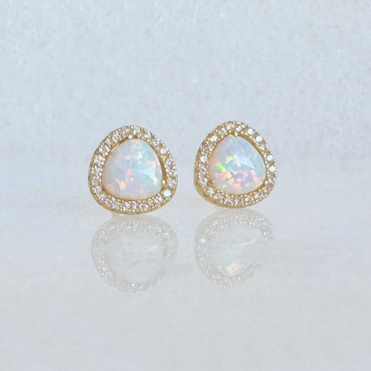 Opal Earrings with Diamond Halo, 18k Gold Plated Studs from Two of Most