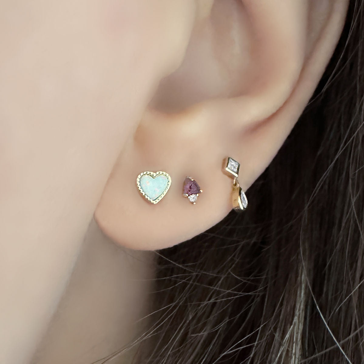 Opal Heart Shaped Earrings, Gold Plated Studs on Model