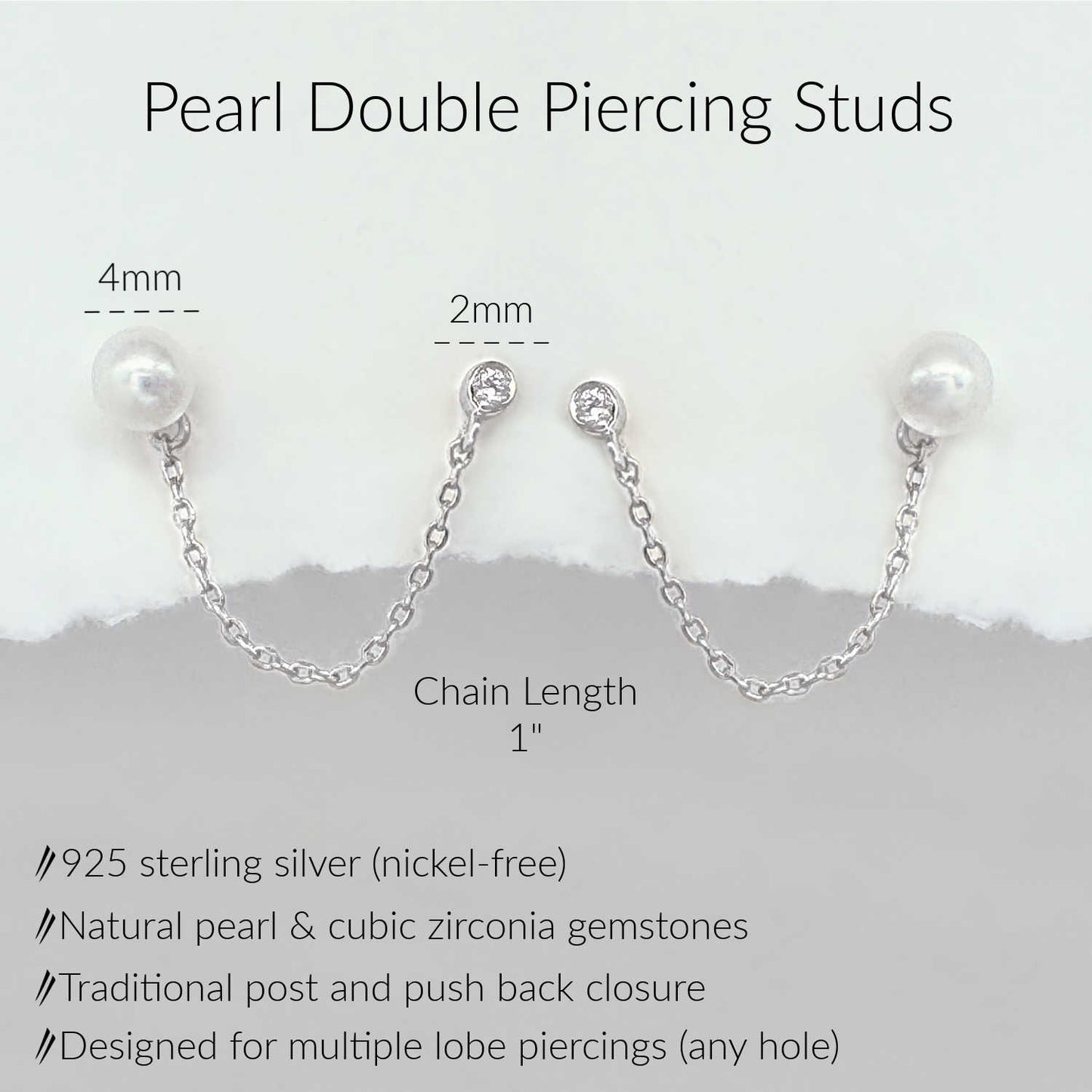 Pearl double piercing stud earrings with silver chains, shown with size labels (4mm pearl, 2mm stone, 1" chain) and product text on a light background.