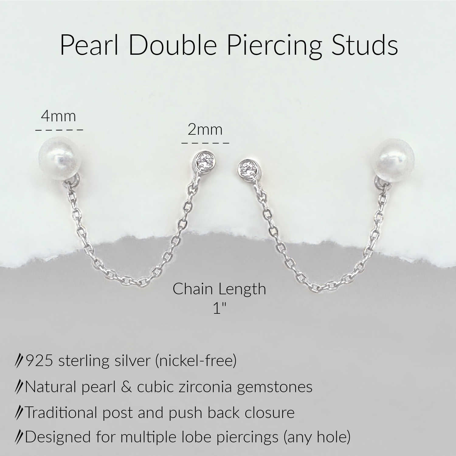 Pearl double piercing stud earrings with silver chains, shown with size labels (4mm pearl, 2mm stone, 1" chain) and product text on a light background.