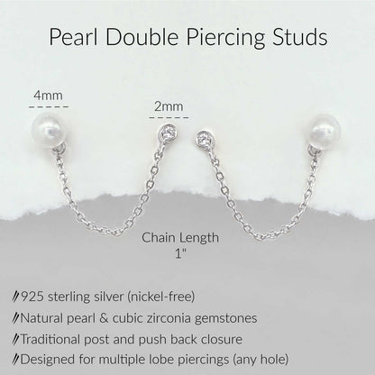 Pearl double piercing stud earrings with silver chains, shown with size labels (4mm pearl, 2mm stone, 1" chain) and product text on a light background.