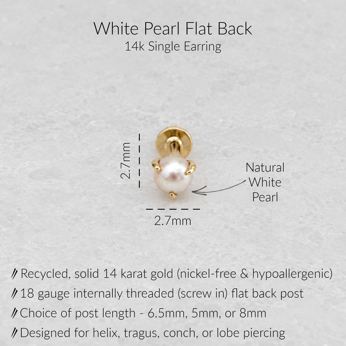 A single white pearl flat back earring with a solid gold post and backing, shown on a light textured background with text labels indicating dimensions and product details.