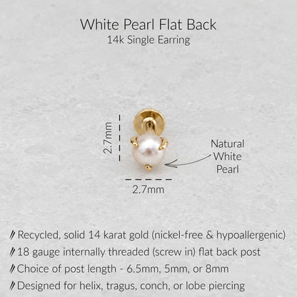 A single white pearl flat back earring with a solid gold post and backing, shown on a light textured background with text labels indicating dimensions and product details.