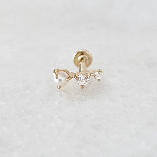Pearl Stud Earrings with Flat Back | 3 Stone Ear Climber for Helix, Tragus, Conch, or Lobe | 14k Gold Cartilage Piercing Jewelry from Two of Most