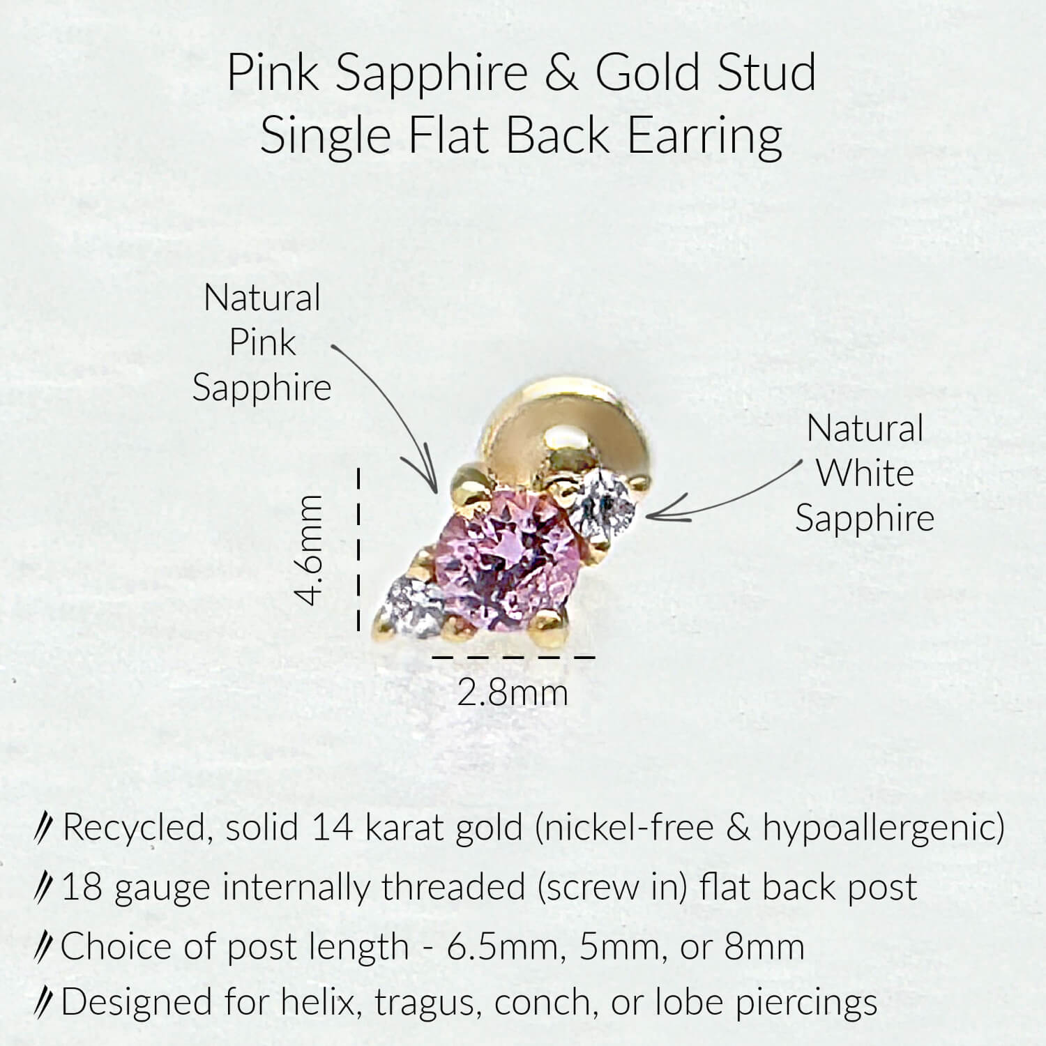 Infographic for Pink Sapphire Flat Back Stud Earrings | 3 Stone Earring for Helix, Tragus, Conch, or Lobe | 14k Gold Cartilage Piercing Jewelry from Two of Most
