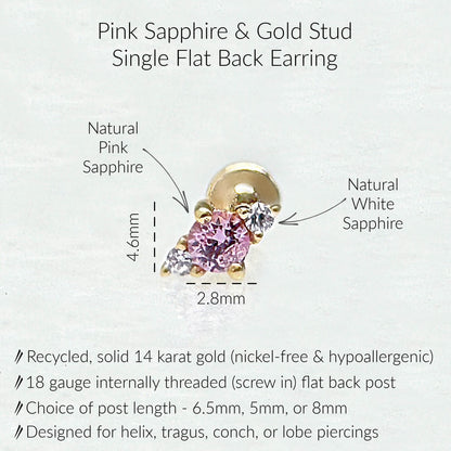 Infographic for Pink Sapphire Flat Back Stud Earrings | 3 Stone Earring for Helix, Tragus, Conch, or Lobe | 14k Gold Cartilage Piercing Jewelry from Two of Most